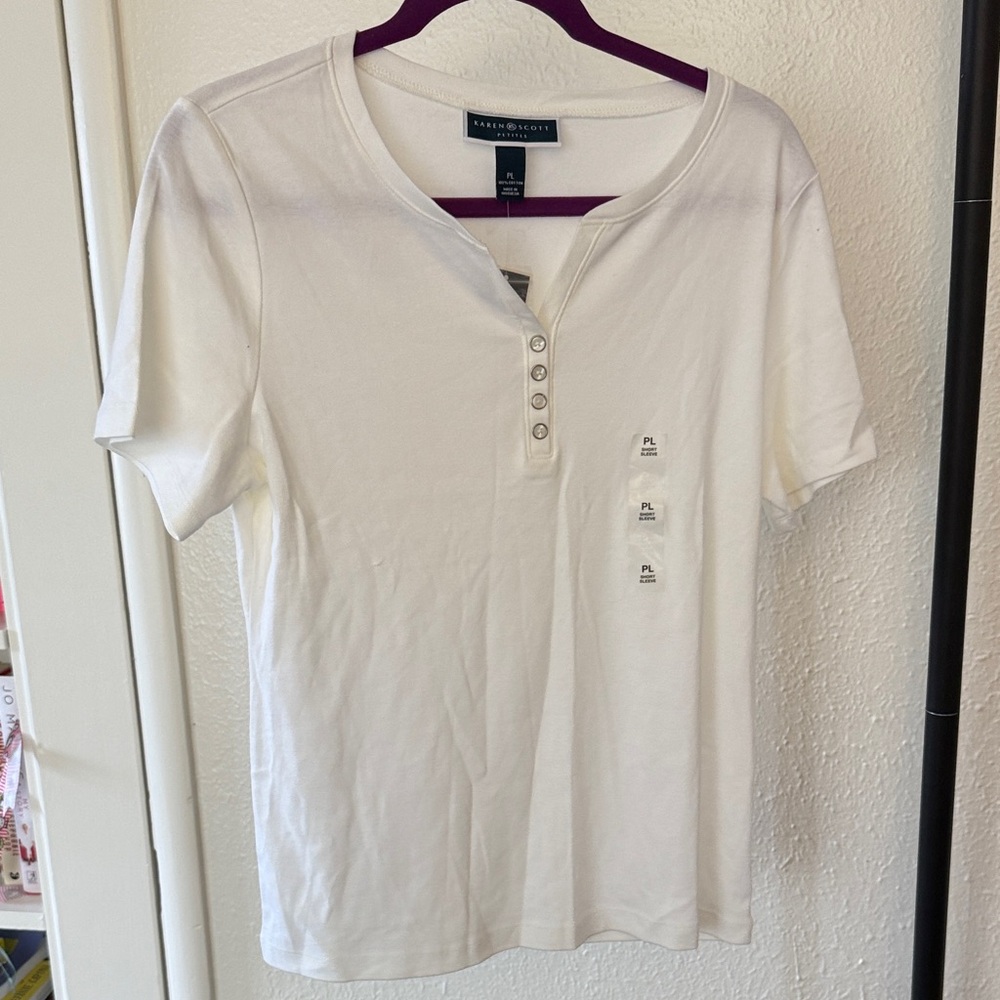 Karen Scott White Short Sleeve Henley Top NWT